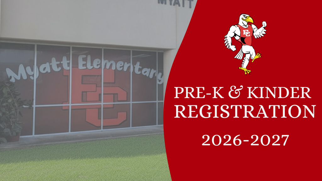 Pre-K & Kinder Registration 2026-2027 announcement for Myatt Elementary, featuring the school mascot and building