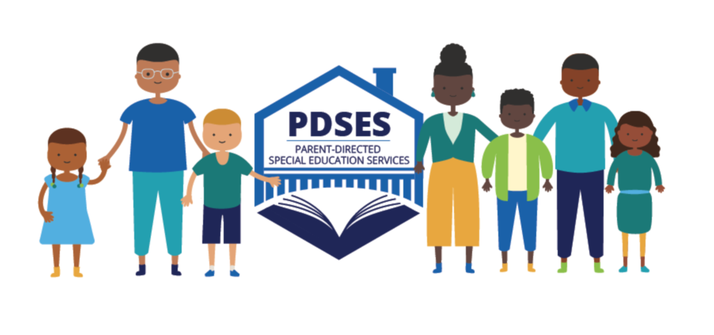Logo for PDSES (Parent-Directed Special Education Services) featuring a blue house icon over an open book. The logo is flanked by illustrated diverse children and adults holding hands, representing family and community support.