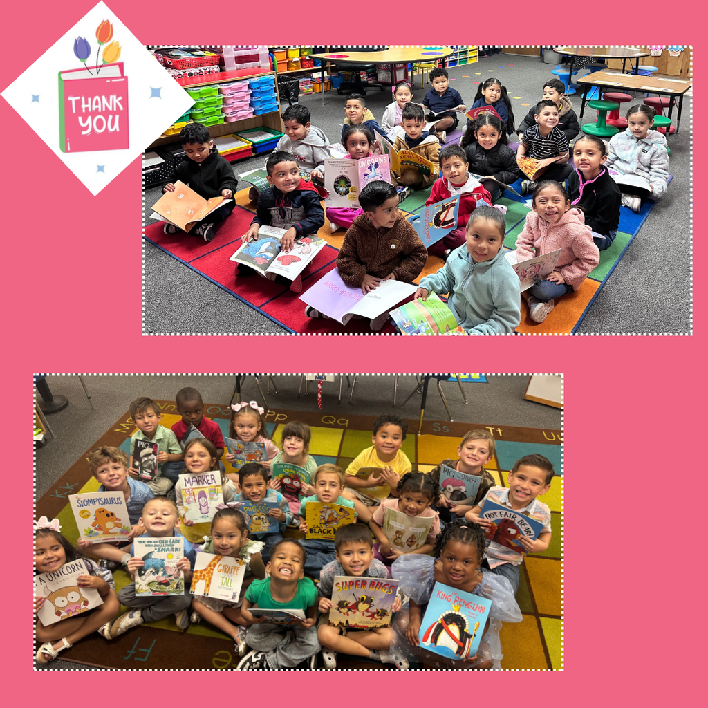A collage of photos featuring Myatt PreK students sitting together and smiling while holding up new children's books they received as a donation. A "Thank You" graphic with colorful paintbrushes is included in the corner of the image.