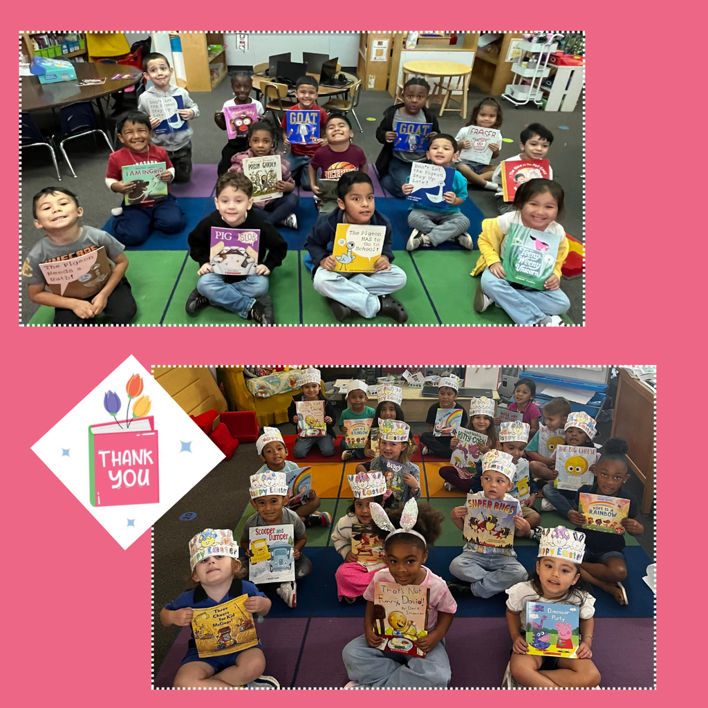 A collage of photos featuring Myatt PreK students sitting together and smiling while holding up new children's books they received as a donation. A "Thank You" graphic with colorful paintbrushes is included in the corner of the image.