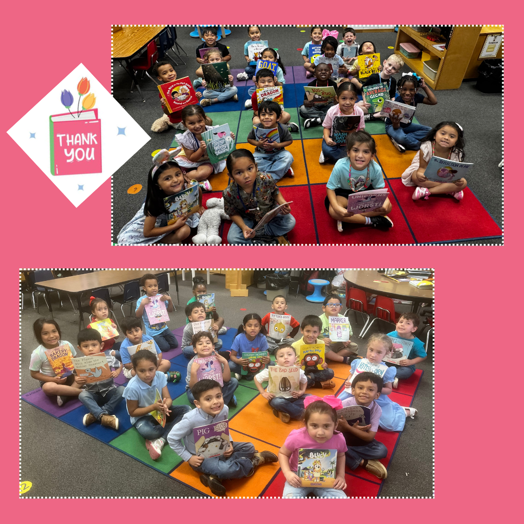 A collage of photos featuring Myatt PreK students sitting together and smiling while holding up new children's books they received as a donation. A "Thank You" graphic with colorful paintbrushes is included in the corner of the image.