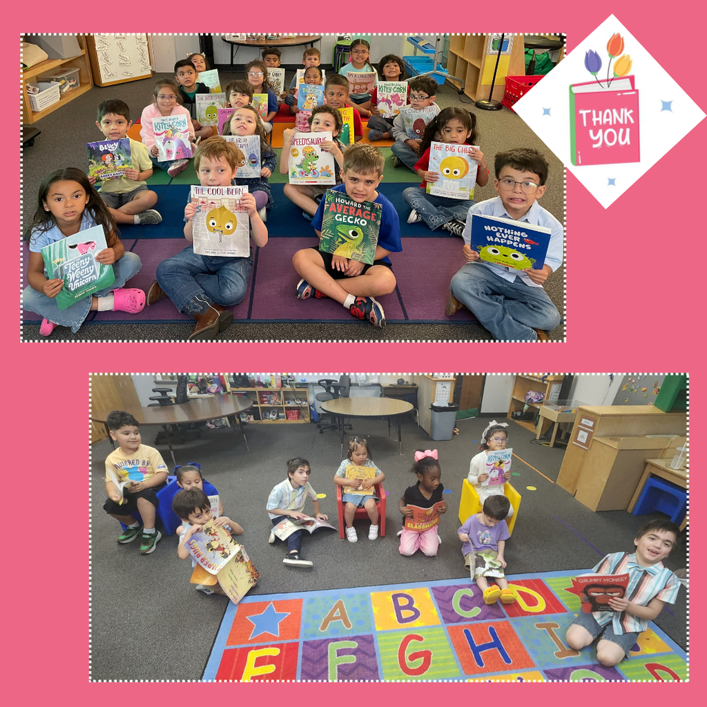 A collage of photos featuring Myatt PreK students sitting together and smiling while holding up new children's books they received as a donation. A "Thank You" graphic with colorful paintbrushes is included in the corner of the image.