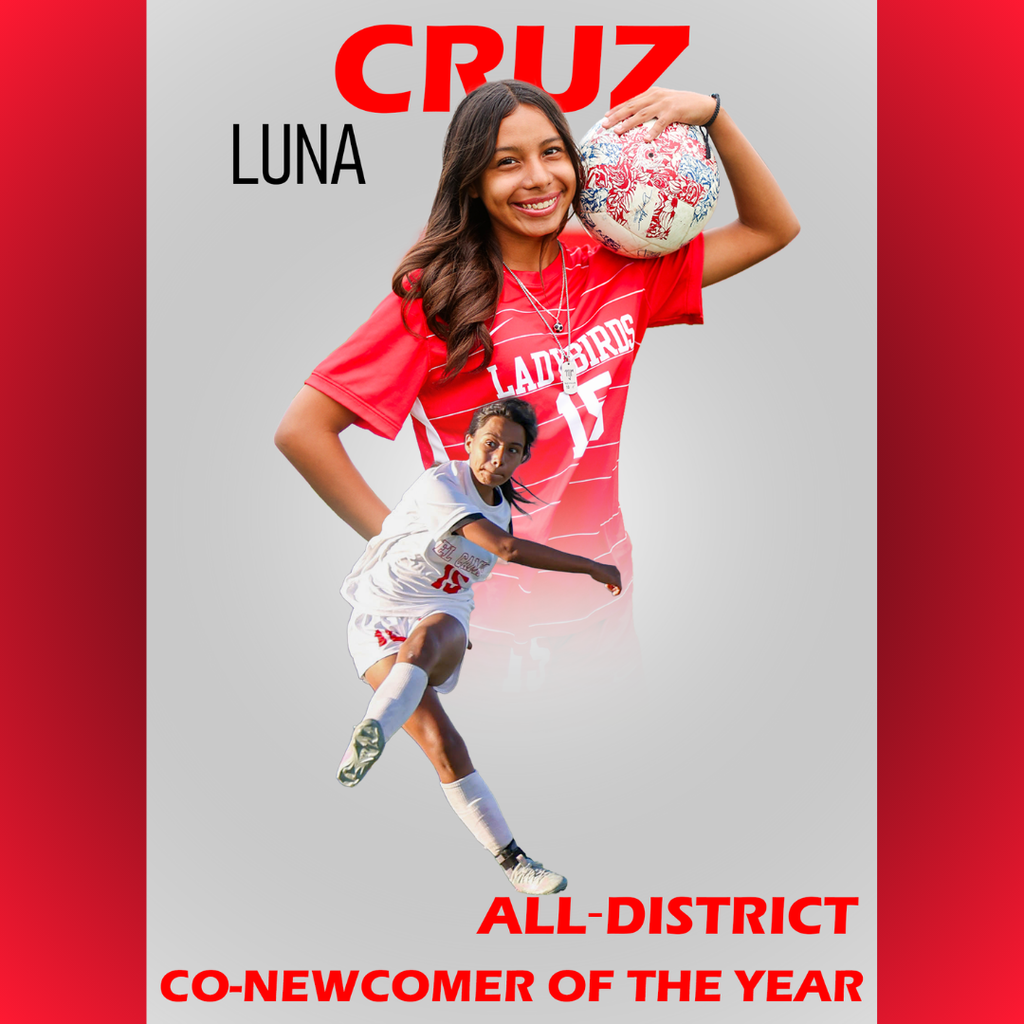 Ladybird soccer player luna cruz in a red uniform holding a soccer ball - "all-district co-newcomer of the year"