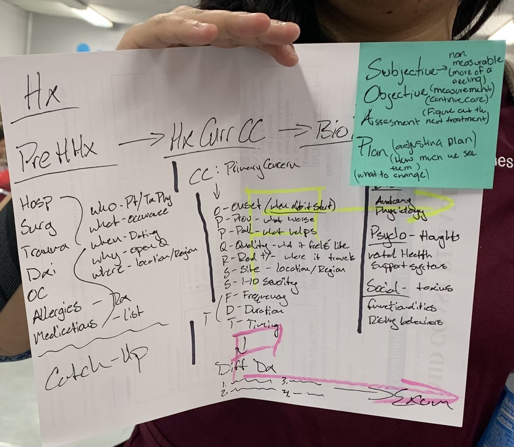 Handwritten clinical notes on a whiteboard from Genesis's rotation at Parsons Chiropractic Clinic, showing the breakdown of patient history and assessment protocols.