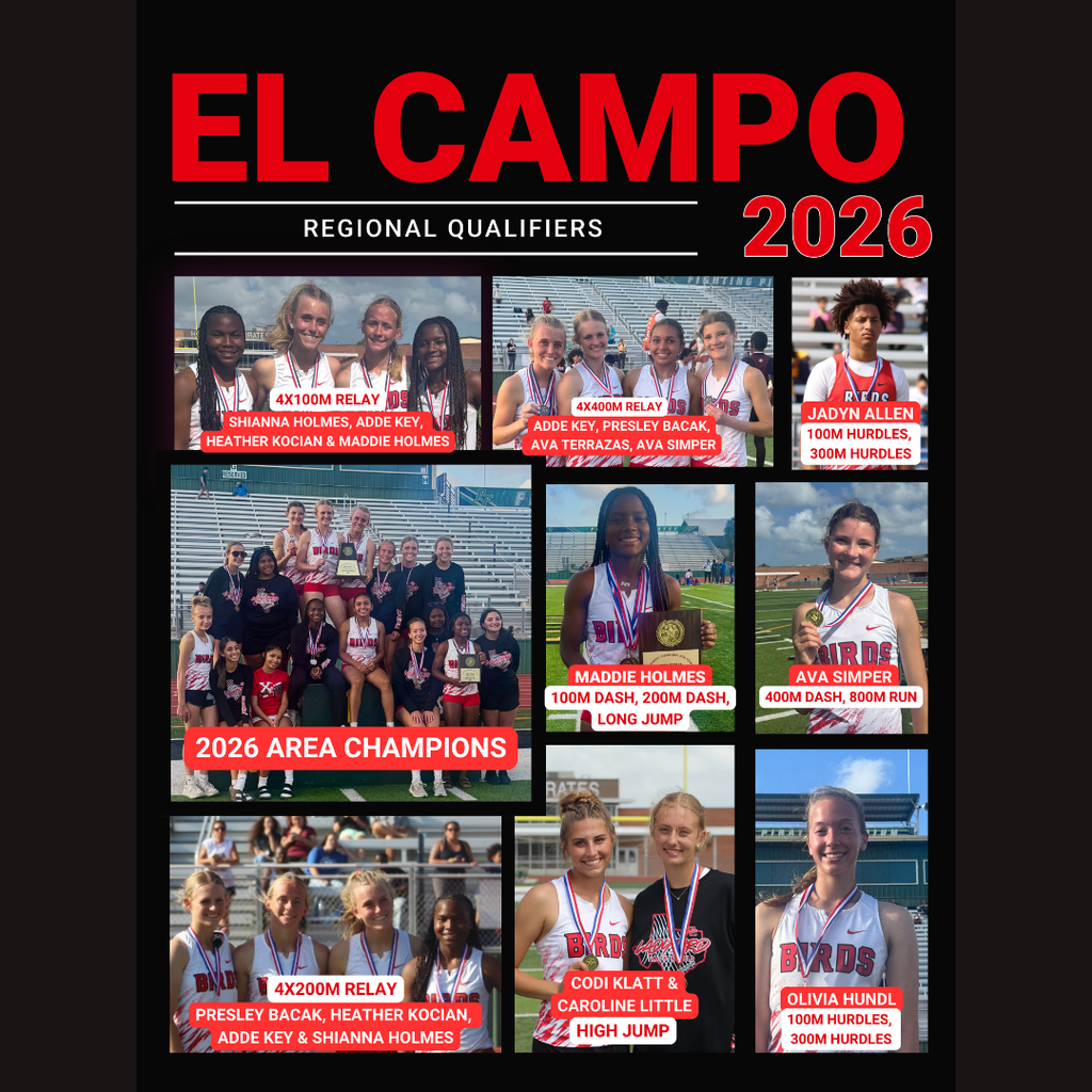 A collage titled "EL CAMPO REGIONAL QUALIFIERS 2026" featuring photos of the El Campo High School Track & Field team. The graphic highlights various athletes and relay teams, including the 4x100m, 4x200m, and 4x400m relay groups, as well as individual qualifiers for the 100m dash, 200m dash, 300m hurdles, high jump, and long jump. A central photo is captioned "2026 AREA CHAMPIONS" showing the team celebrating with their trophy.