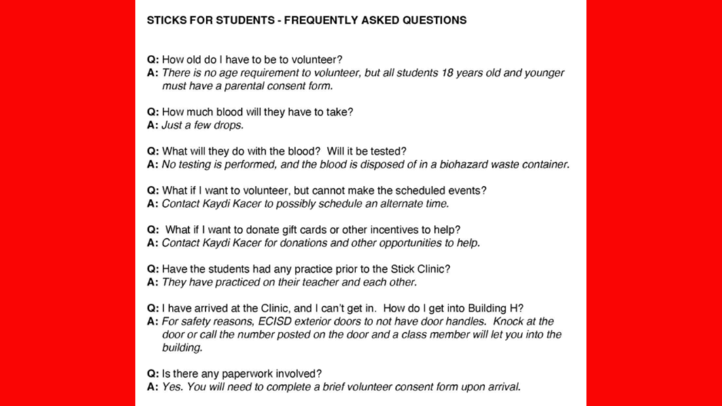 FAQ flyer for the Phlebotomy program. Key points: No age requirement (under 18 needs parental consent), blood is disposed of in biohazard containers, for questions contact Kaydi Kacer at kkacer@ricebirds.net