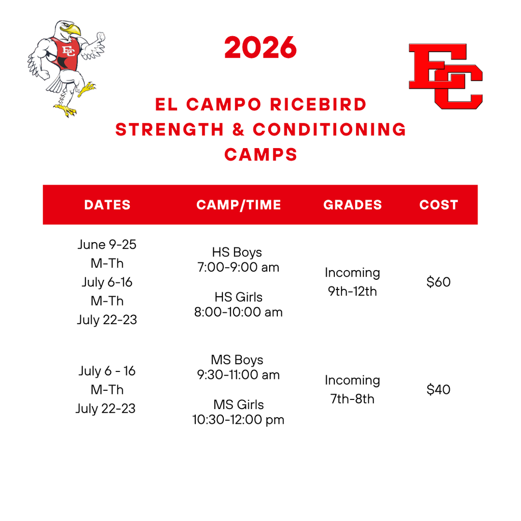 list of 2026 ricebird strength & conditioning camp dates and times