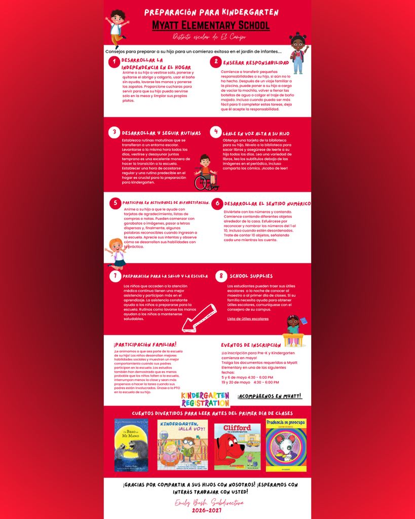 a Spanish version of an infographic for Myatt Elementary School titled "Kindergarten Readiness," featuring 8 tips for parents to prepare their children for school. The red and white themed graphic includes sections on developing independence, teaching responsibility, following routines, reading aloud, engaging in discussions, developing number sense, health and school readiness, and school supplies. At the bottom, it lists registration events, a link to a video, and recommended books like "The Kissing Hand" and "Clifford Goes to Kindergarten."