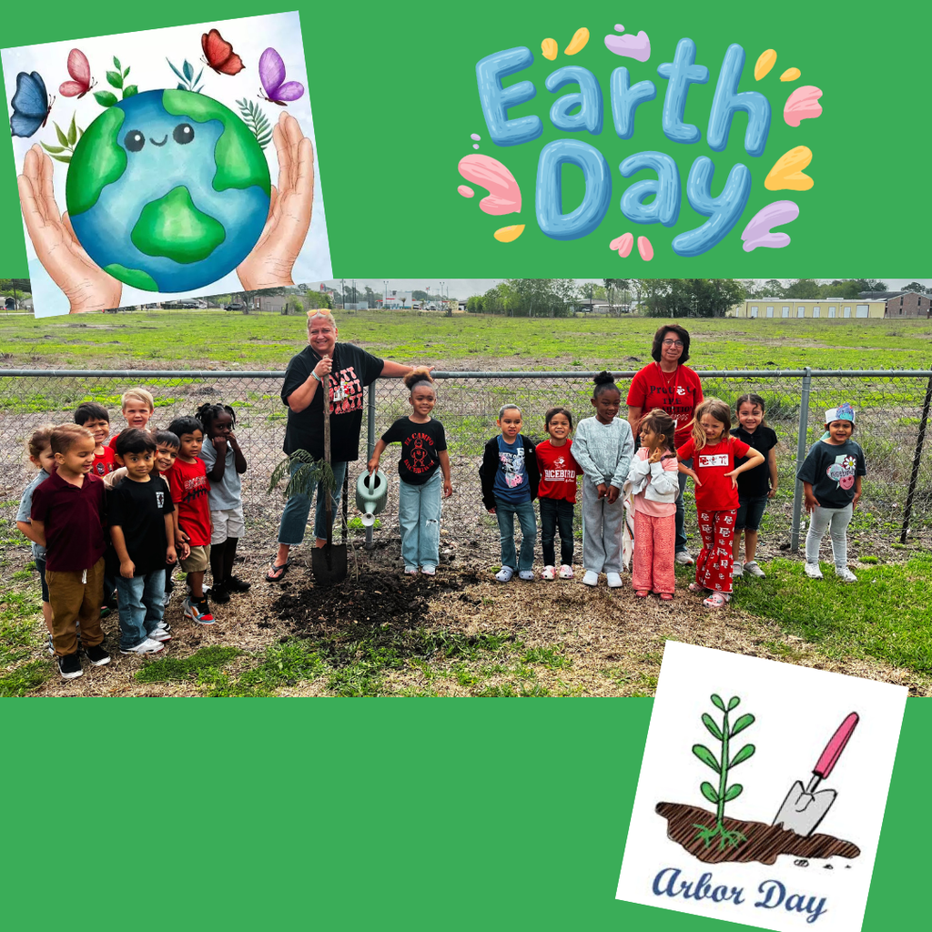 Pre-K students in Mrs. Janik's class stand together outside behind a small tree they planted for Arbor Day. The photo is framed by colorful Earth Day and Arbor Day graphics.