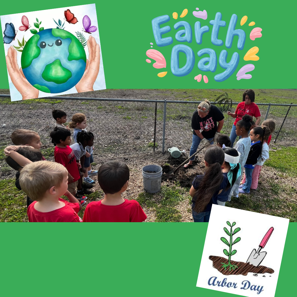 Pre-K students in Mrs. Janik's class stand together outside watching Janik dig a hole to plant the tree for Arbor Day. The photo is framed by colorful Earth Day and Arbor Day graphics.