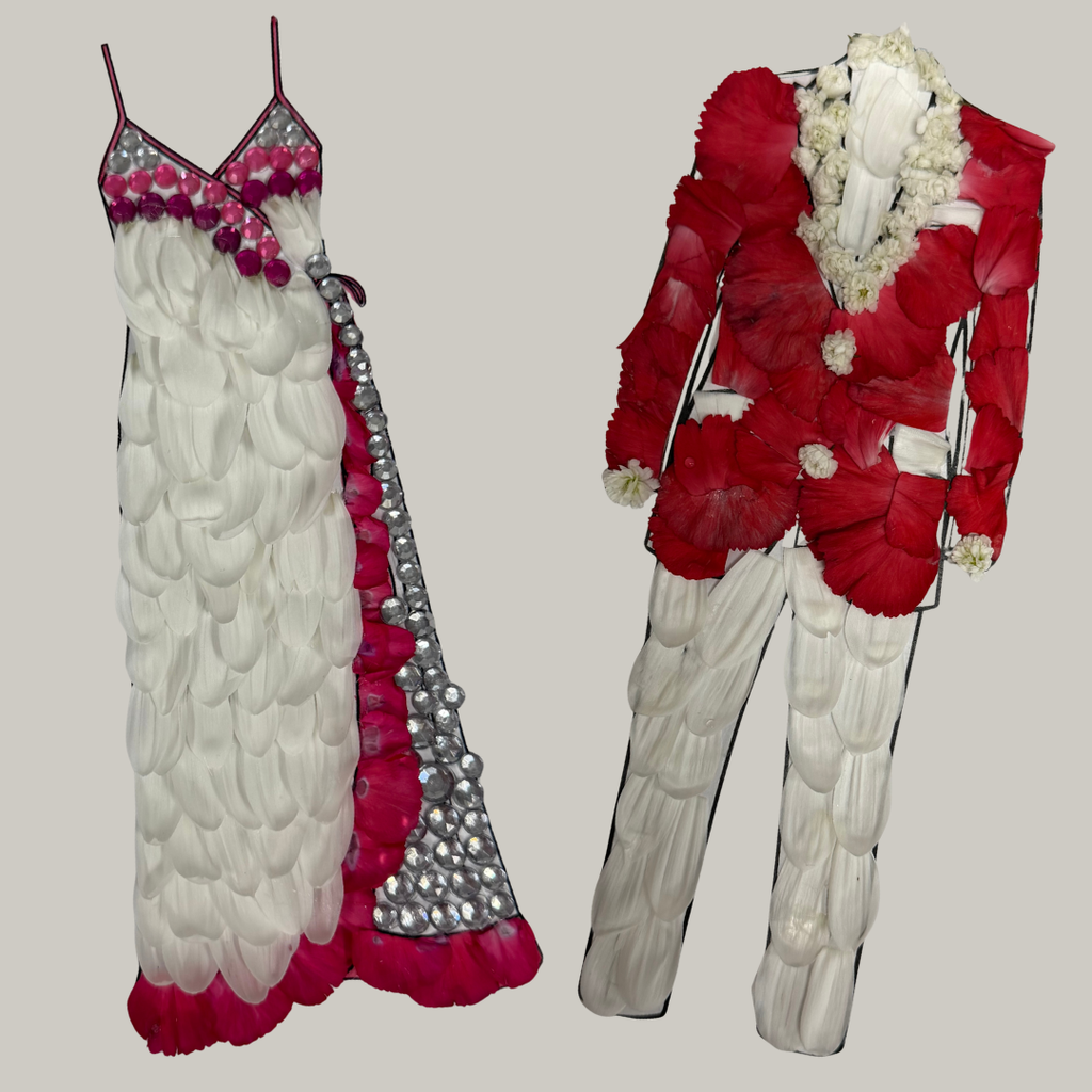 Two floral fashion designs side-by-side: a gown made of white and pink petals with a shimmering silver trim, and a tuxedo jacket made of red rose petals with a white floral collar trim and white trousers.