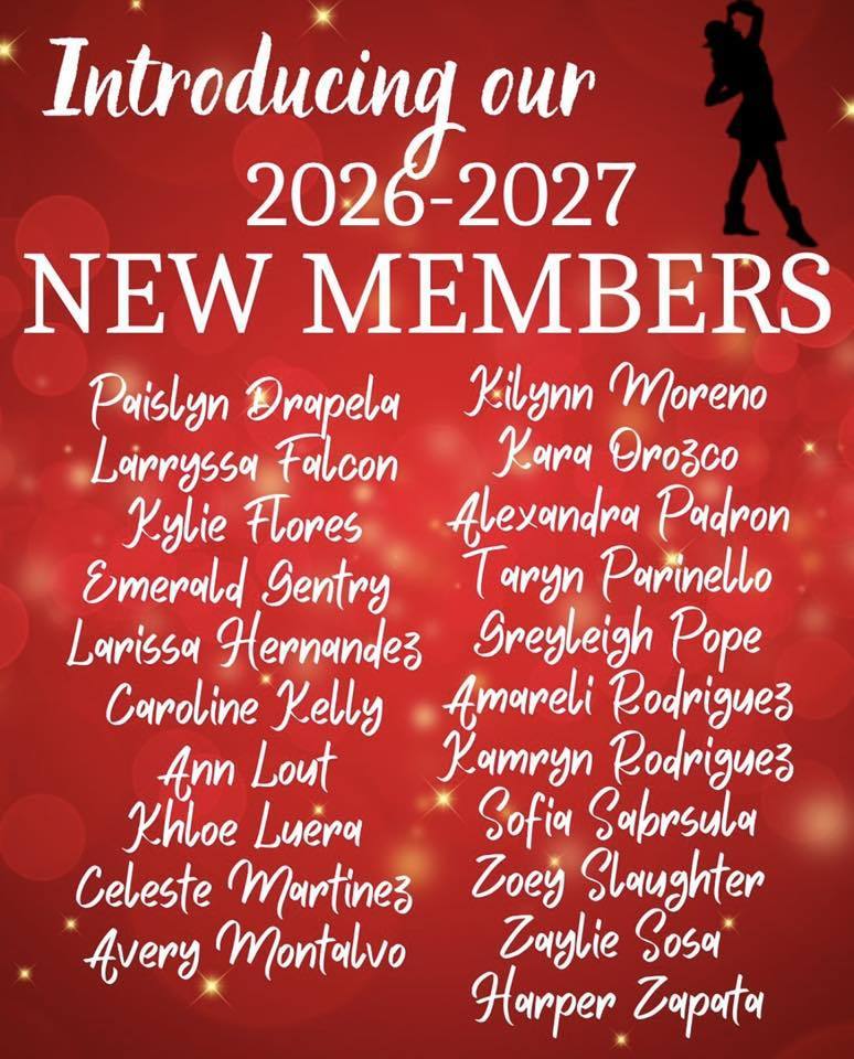 A red graphic with festive bokeh lights titled "Introducing our 2026-2027 NEW MEMBERS" in white and gold text. A black silhouette of a dancer appears in the top right. The image lists the names of new members in white script: Paislyn Drapela, Laryssa Falcon, Kylie Flores, Emerald Gentry, Larissa Hernandez, Caroline Kelly, Ann Lout, Khloe Luera, Celeste Martinez, Avery Montalvo, Kilynn Moreno, Kara Orozco, Alexandra Padron, Taryn Parinello, Greyleigh Pope, Amareli Rodriguez, Kamryn Rodriguez, Sofia Sabrsula, Zoey Slaughter, Zaylie Sosa, and Harper Zapata.