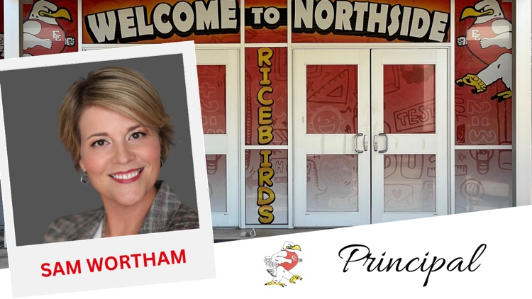 Sam Wortham headshot with the entrance to Northside in the background 