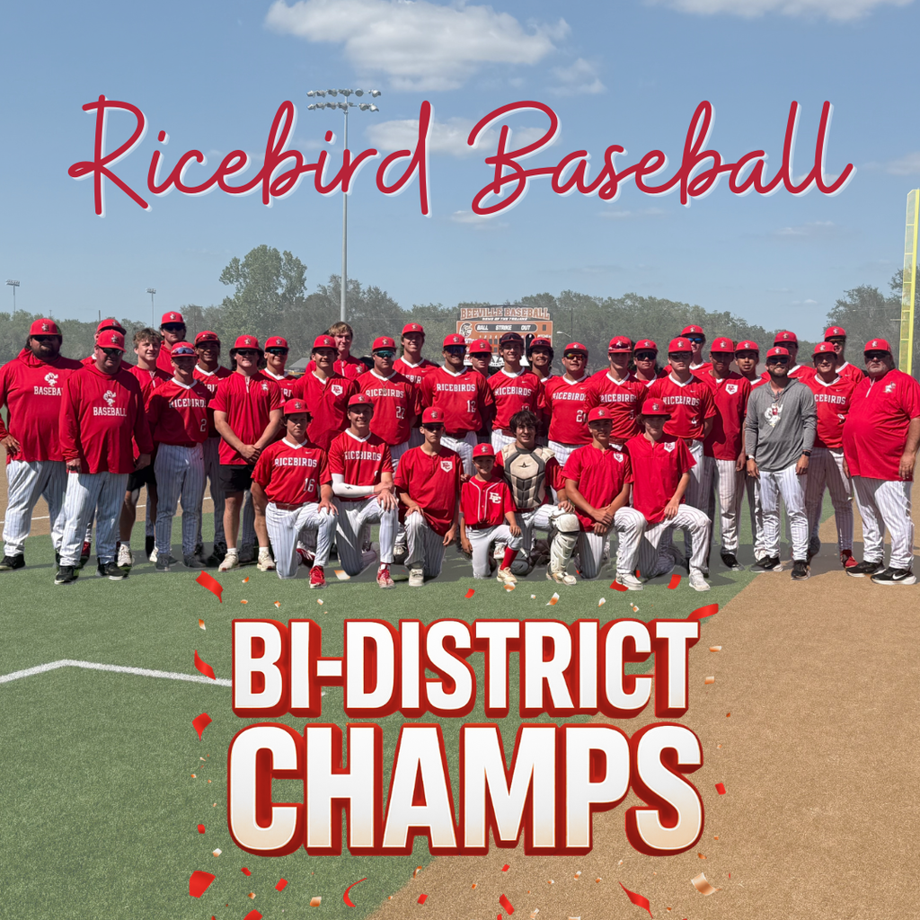 A celebratory graphic featuring the El Campo Ricebird Baseball team posing on the field with their trophy. The image has a light blue sky background with "Ricebird Baseball" written in red cursive at the top and "BI-DISTRICT CHAMPS" in bold white and red capital letters at the bottom, accented with red confetti.