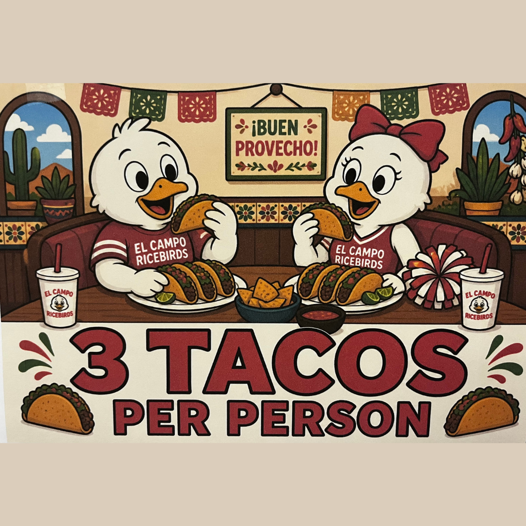 Illustration of two cartoon ricebird mascots eating tacos at a table with text that reads "¡Buen Provecho!" and "3 Tacos Per Person.