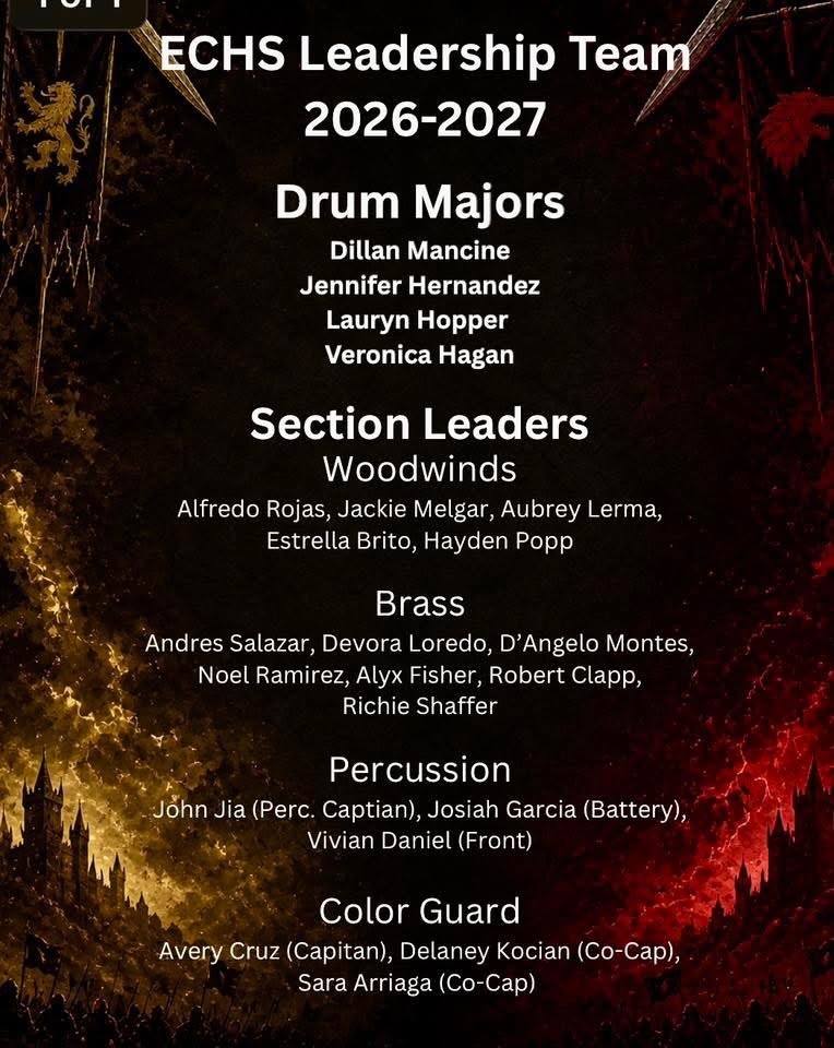 Graphic titled ECHS Leadership Team 2026-2027. Drum Majors: Dillan Mancine, Jennifer Hernandez, Lauryn Hopper, Veronica Hagan. Woodwind Leaders: Alfredo Rojas, Jackie Melgar, Aubrey Lerma, Estrella Brito, Hayden Popp. Brass Leaders: Andres Salazar, Devora Loredo, D’Angelo Montes, Noel Ramirez, Alyx Fisher, Robert Clapp, Richie Shaffer. Percussion Leaders: John Jia (Captain), Josiah Garcia (Battery), Vivian Daniel (Front).