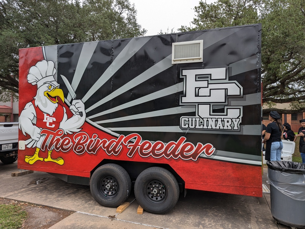 The back of the ECHS food truck, "The Bird Feeder," displaying the ECHS Culinary Arts logo and "Home of the Fighting Ricebirds" branding.