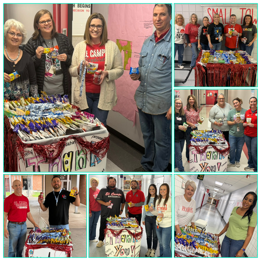 collage of pictures featuring high school teachers getting treats from a cart full of snacks