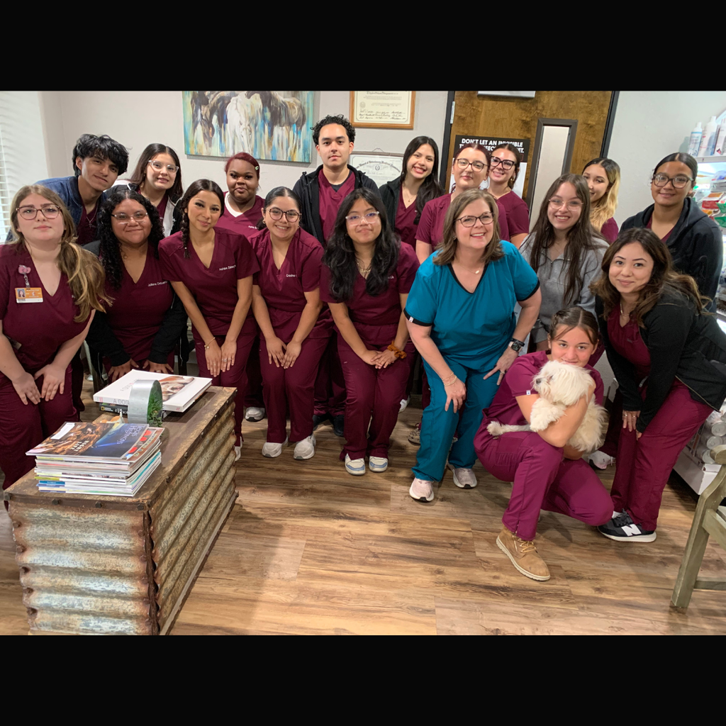 A group of clinical students in maroon scrubs posing with healthcare staff inside a vet clinic, showcasing the partnership between the school and the clinic.