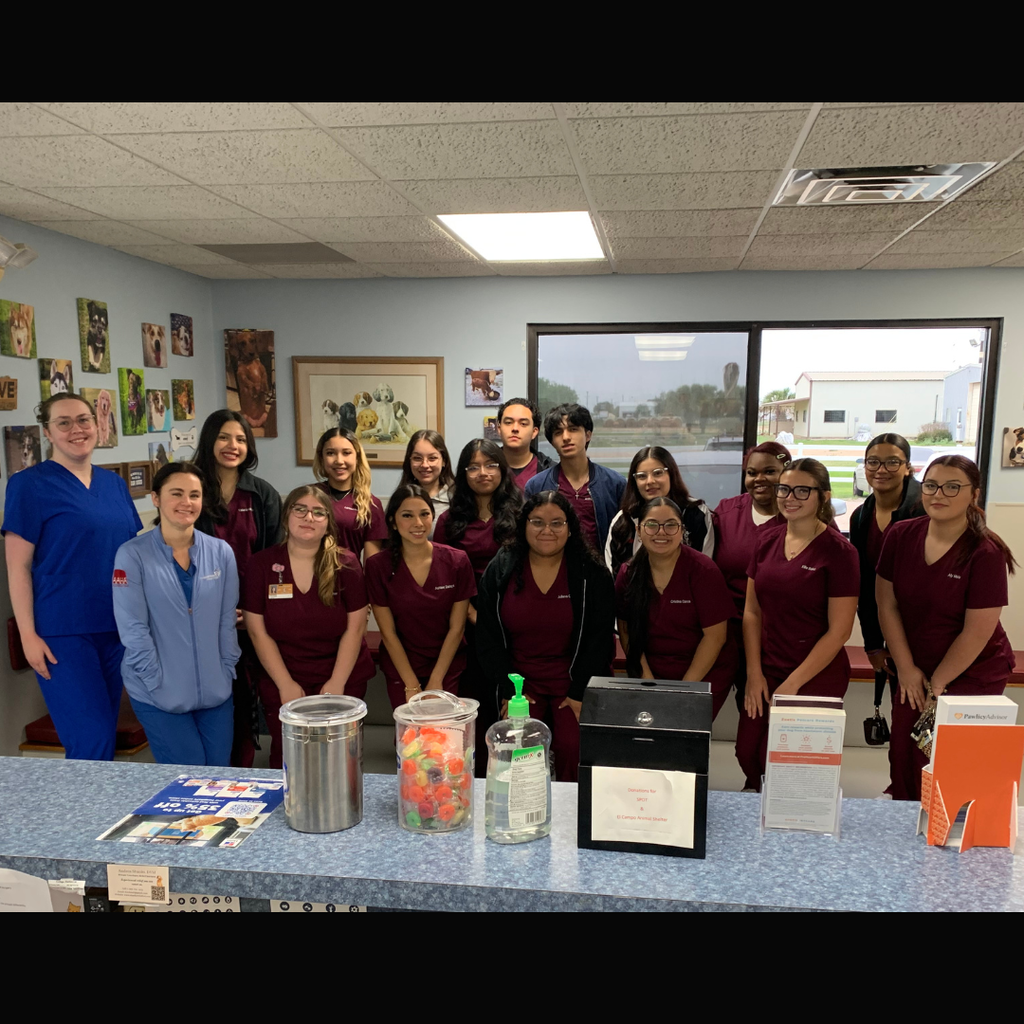 A group of about 15 El Campo High School clinical students posing in a vet clinic. The students are wearing maroon scrubs and the vet staff is in blue, all smiling for a celebratory final day photo.