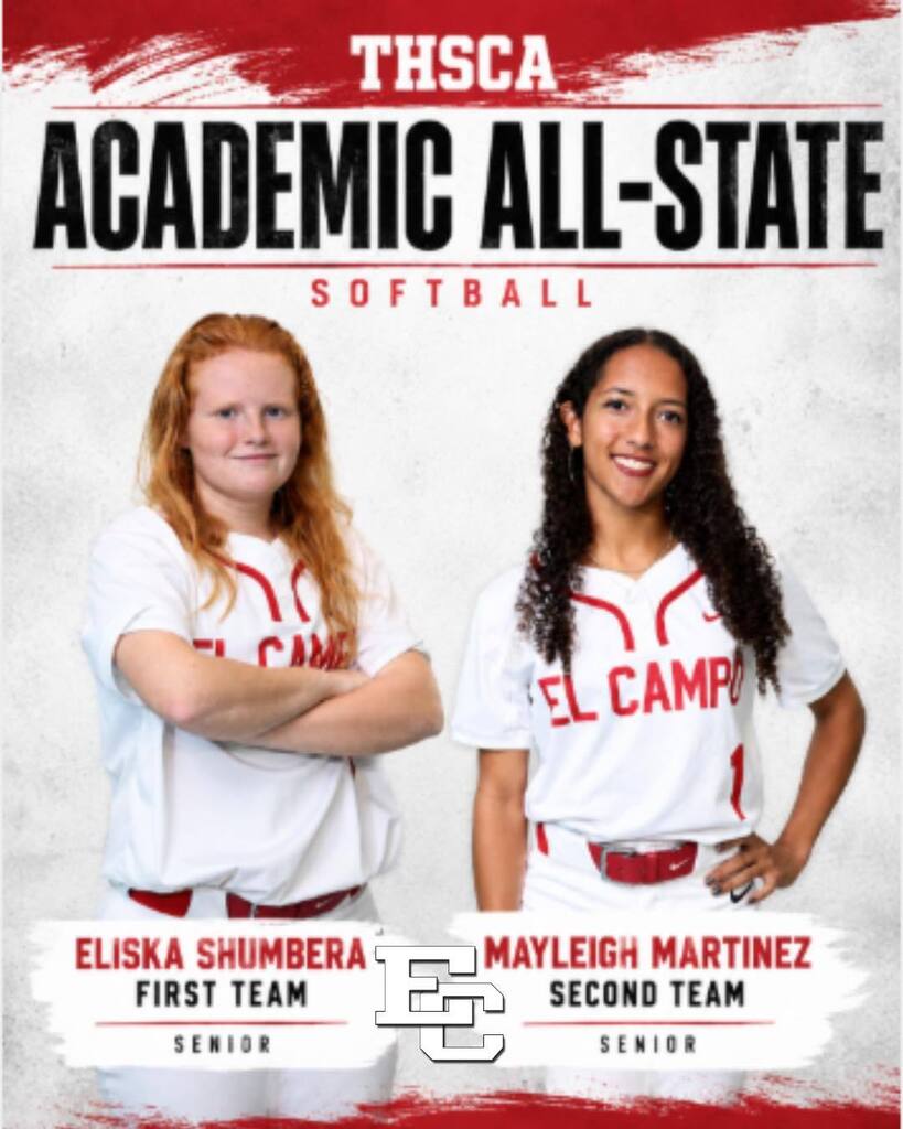 Graphic titled "THSCA Academic All-State Softball" featuring two El Campo Ladybird softball players posing side-by-side in their white and red El Campo jerseys against a light textured background. On the left is Eliska Shumbera, captioned "First Team Senior." On the right is Mayleigh Martinez, captioned "Second Team Senior." The El Campo "EC" logo is centered at the bottom between their names.