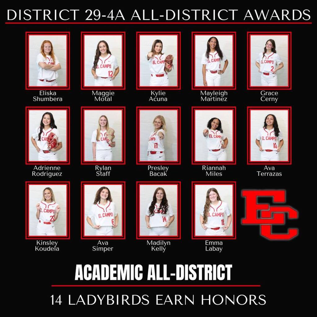 Graphic titled "District 29-4A All-District Awards" featuring a grid of photos of 14 El Campo Ladybird softball players on a black background, captioned "Academic All-District: 14 Ladybirds Earn Honors." Individual photos are arranged in three rows: Top row includes Eliska Shumbera, Maggie Motl, Kylie Acuna, Mayleigh Martinez, and Grace Cerny. Middle row includes Adrienne Rodriguez, Rylan Staff, Presley Bacak, Riannah Miles, and Ava Terrazas. Bottom row includes Kinsley Koudela, Ava Simper, Madilyn Kelly, and Emma Labay, with a large red EC logo in the bottom right corner.