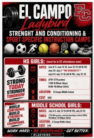 Promotional flyer titled "El Campo Ladybird Strength and Conditioning & Sport Specific Instruction Camps." The graphic features a dark background with a large red "EC" logo and icons for softball, soccer, basketball, track and field, and volleyball.