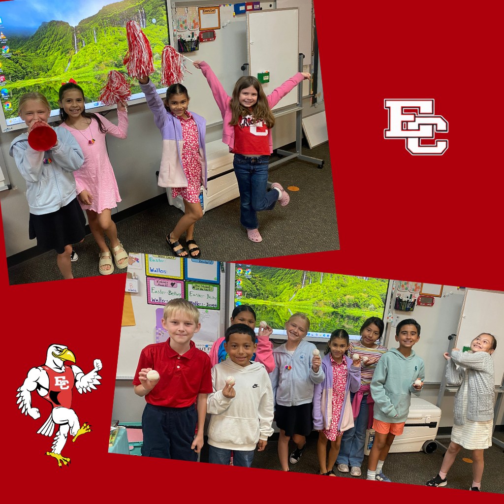 A photo collage featuring young students at hutchins posing with cheerleader gear and small sports ball during a visit from Doc Easter. The background is bright red and features the El Campo Ricebirds mascot logo.