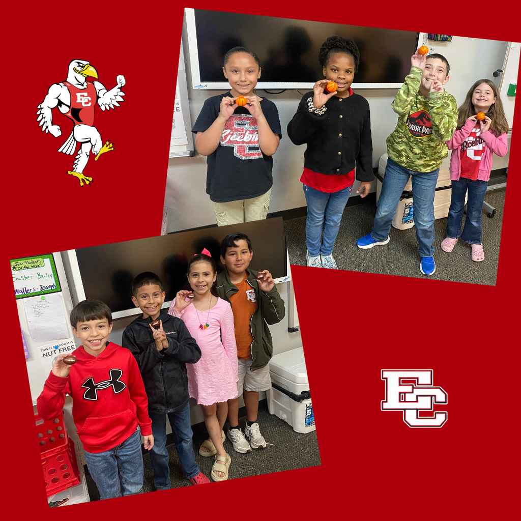 A photo collage featuring young students at hutchins posing with their small sports ball during a visit from Doc Easter. The background is bright red and features the El Campo Ricebirds mascot logo.