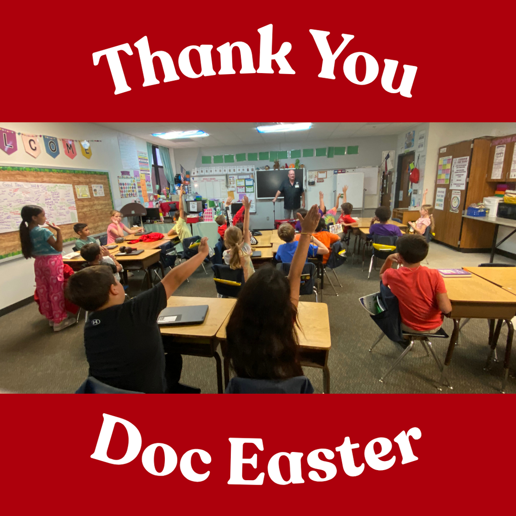 thank you doc easter printed around a classroom full of kids listening to doc talk