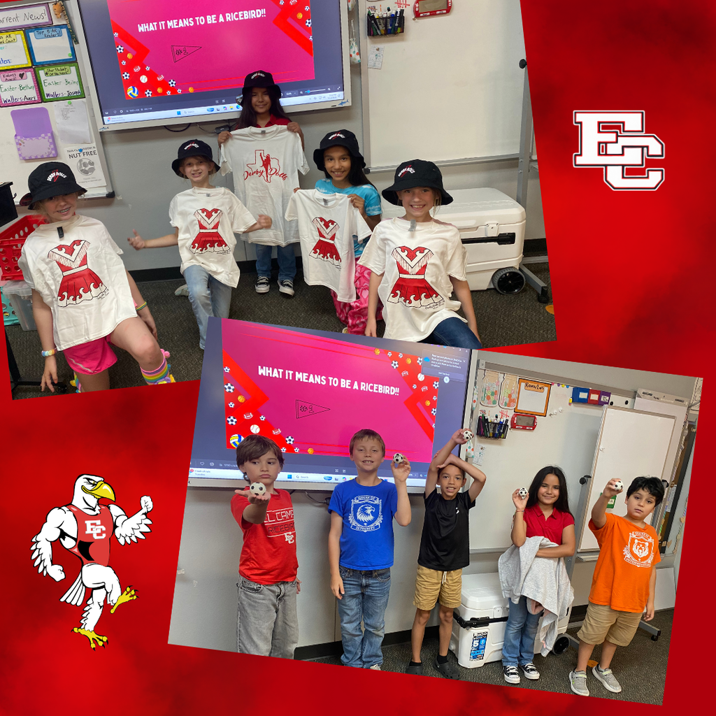 A photo collage featuring young students at hutchins posing with their Ricebird t-shirts and small sports ball during a visit from Doc Easter. The background is bright red and features the El Campo Ricebirds mascot logo.
