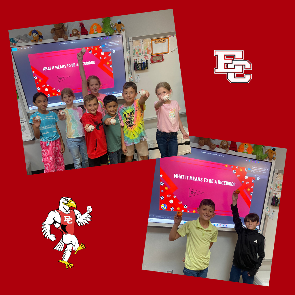 A photo collage featuring young students at hutchins posing with their small sports ball during a visit from Doc Easter. The background is bright red and features the El Campo Ricebirds mascot logo.