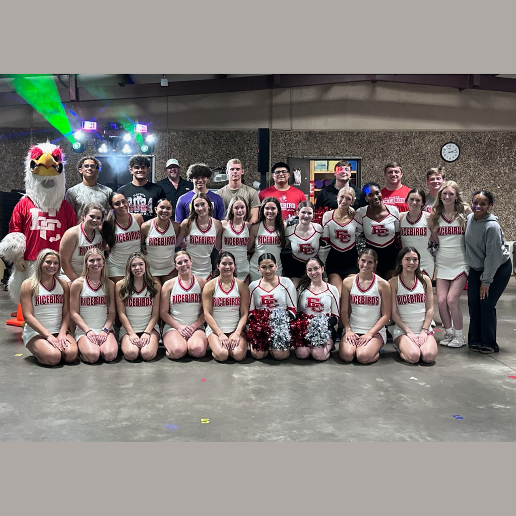 group picture of ricky, cheerleaders, derby dolls, and football players