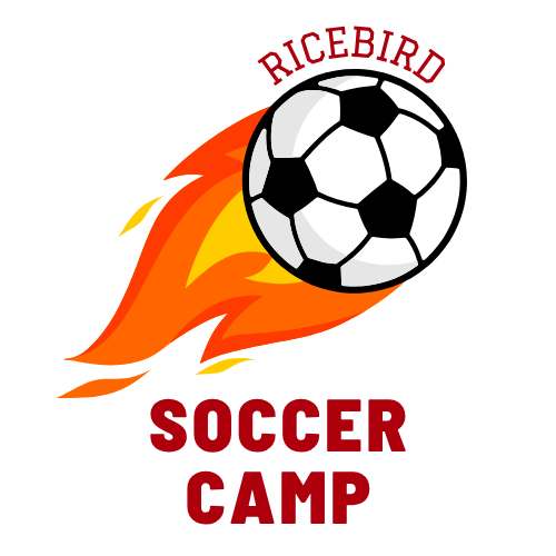 A graphic featuring a black and white soccer ball with bright orange and yellow flames trailing behind it, symbolizing speed or energy. Above the ball, the word "RICEBIRD" is written in a red, arched font, and below it, the words "SOCCER CAMP" are written in large, bold red block letters.
