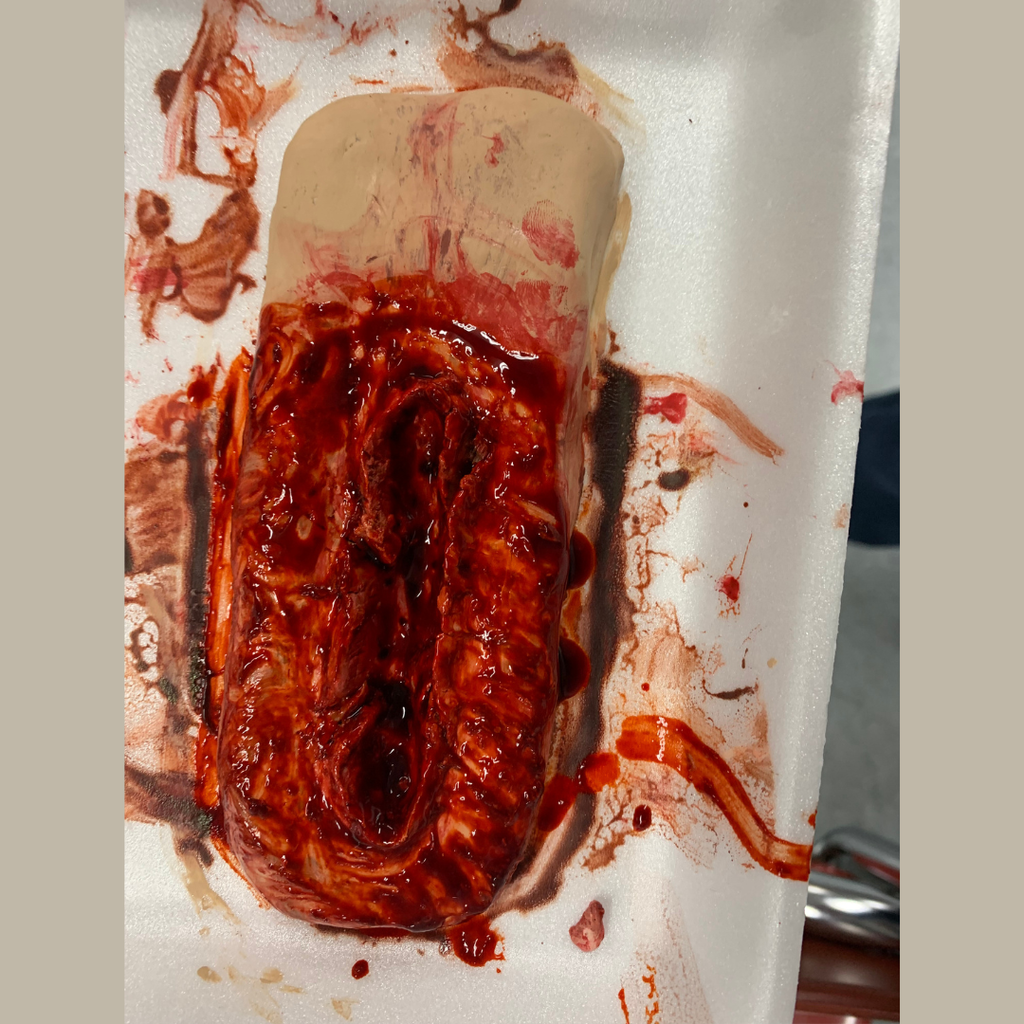 A close-up of a hands-on classroom project showing a flat piece of beige clay sculpted to look like a deep skin wound. The center features a long, textured laceration filled with realistic dark red faux blood, with multiple streaks of blood dripping down the clay surface.