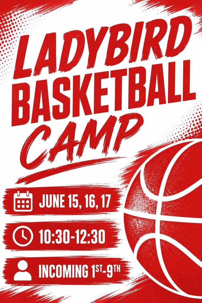 ladybird basketball camp June 15 through the 17th from 10:30 to 12:30 ECMS gems for incoming 1st through ninth graders