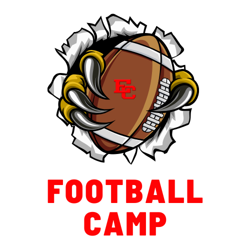 Graphic featuring a football with a red "EC" logo held by bird claws tearing through a background, with bold red text below reading "FOOTBALL CAMP".