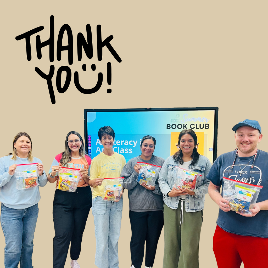 "Thank you" with a group of teachers holding their goodie bags