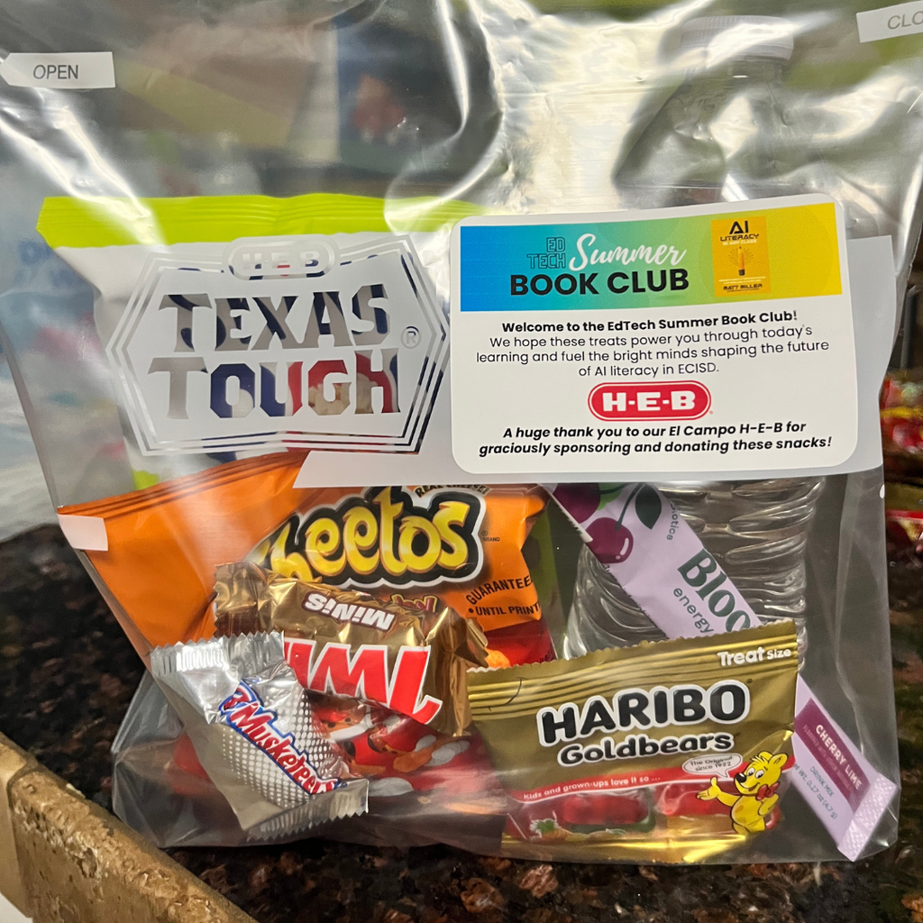 plastic bag with snacks and an HEB sticker