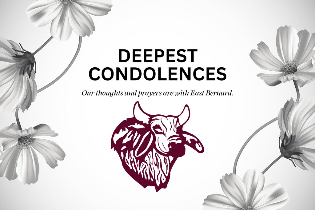 Graphic featuring a maroon brahma mascot and flowers with the text "DEEPEST CONDOLENCES - Our thoughts and prayers are with East Bernard."