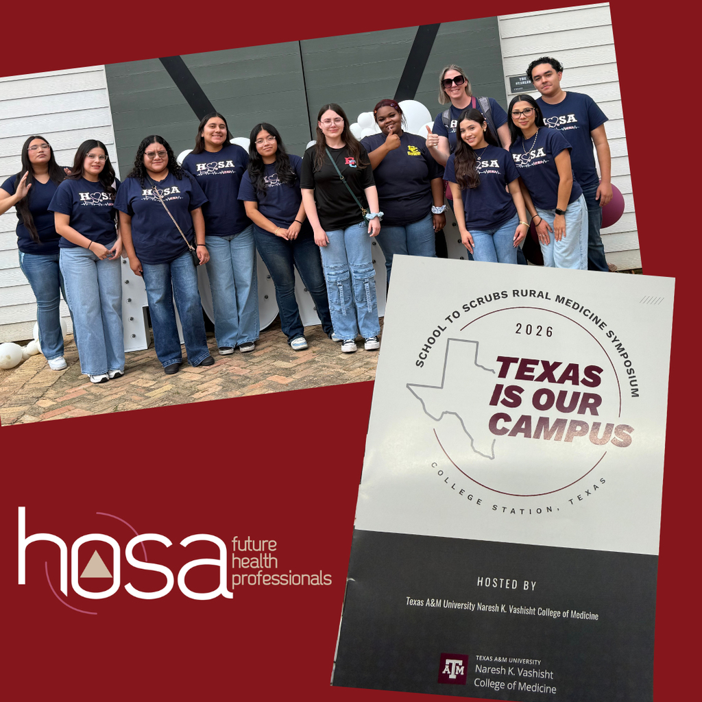 A group of El Campo High School HOSA students posing together outdoors. Graphic overlay includes the HOSA logo and a graphic reading "School to Scrubs Rural Medicine Symposium 2026: Texas is Our Campus, College Station, Texas, hosted by Texas A&M University Naresh K. Vashisht College of Medicine."