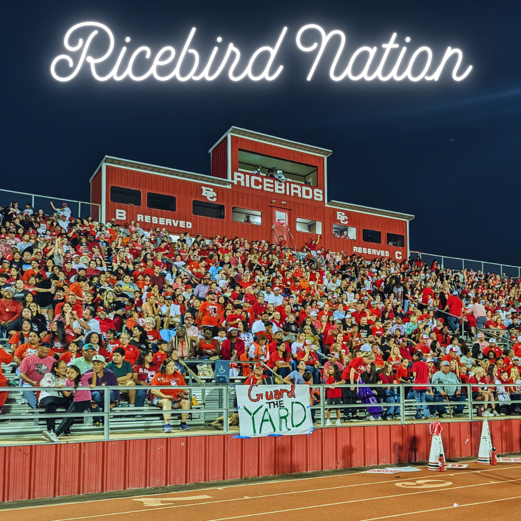 Packed high school stadium bleachers filled with fans wearing red and black cheering at a football game. The text "Ricebird Nation" is overlaid at the top in white script, with a sign reading "Guard the Yard" visible near the front fence.