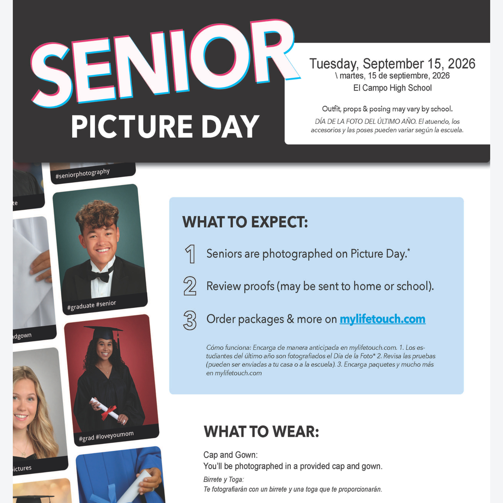Senior Picture Day informational graphic for El Campo High School scheduled for Tuesday, September 15, 2026. The flyer displays photos of students in graduation caps and gowns, outlines three steps on what to expect (getting photographed, reviewing proofs, and ordering packages at mylifetouch.com), and notes that cap and gown attire will be provided.