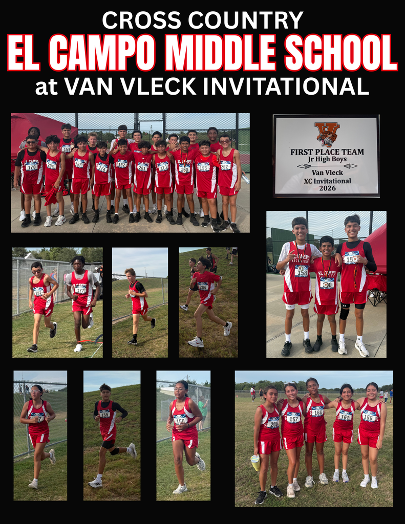 Photo collage featuring El Campo Middle School Cross Country at the Van Vleck Invitational. At the top, bold white text on a black banner reads "CROSS COUNTRY EL CAMPO MIDDLE SCHOOL at VAN VLECK INVITATIONAL." Below the banner are multiple photos of student-athletes competing on the course and holding a trophy that reads "First Place Team Jr High Boys, Van Vleck XC Invitational 2026."