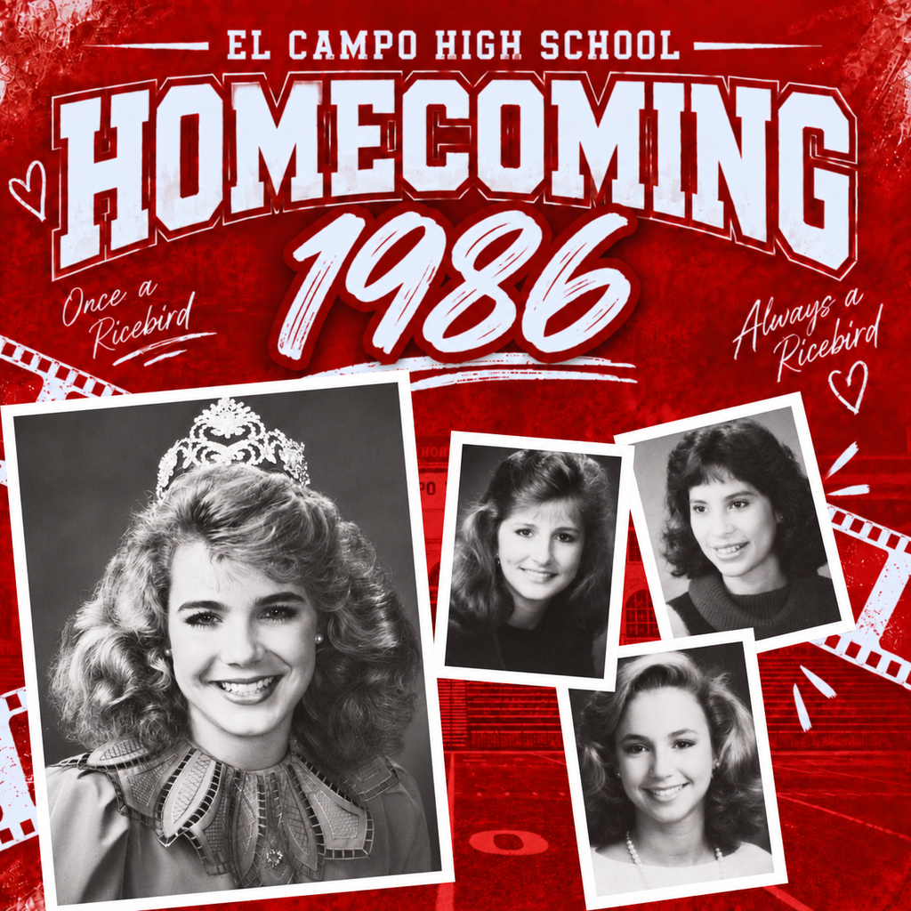 Graphic titled "El Campo High School Homecoming 1986" collage against a red background with film strips. The graphic displays four black-and-white portrait photos: large photo of Homecoming Queen Janet Drozd on the left wearing a crown, and smaller photos of court members Laura Longoria, Anita Bradshaw, and Nicole Speck on the right.
