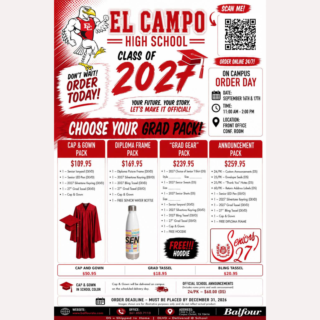 Flyer for El Campo High School Class of 2027 Grad Packages and Order Day details. Features four package tiers ranging from $109.95 to $259.95 (Cap & Gown Pack, Diploma Frame Pack, Grad Gear Pack, and Announcement Pack) with a free Senior t-shirt included with select gear.