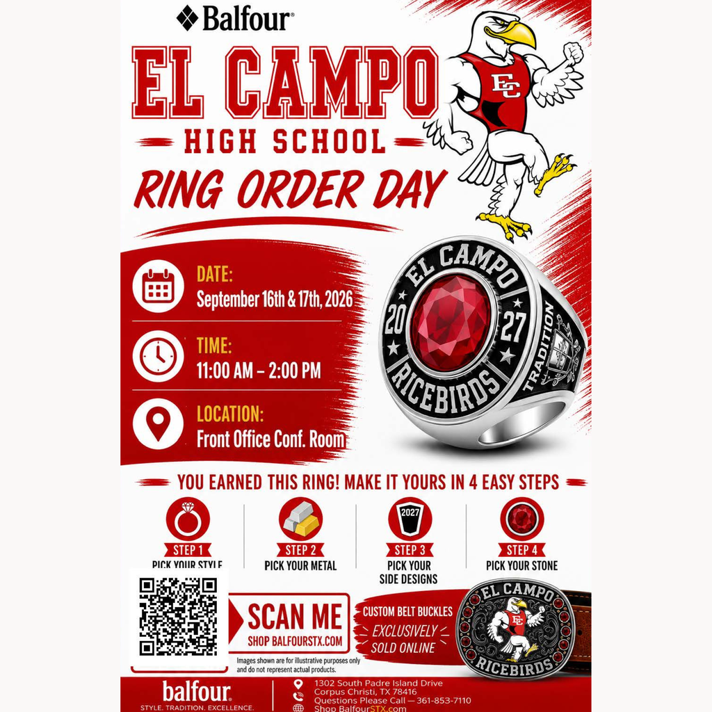 An official graphic flyer for Balfour El Campo High School Ring Order Day. Key Details in Image: Header: Balfour El Campo High School Ring Order Day, featuring the Fighting Ricebirds mascot. Dates: September 16th & 17th, 2026 Time: 11:00 AM – 2:00 PM Location: Front Office Conf. Room