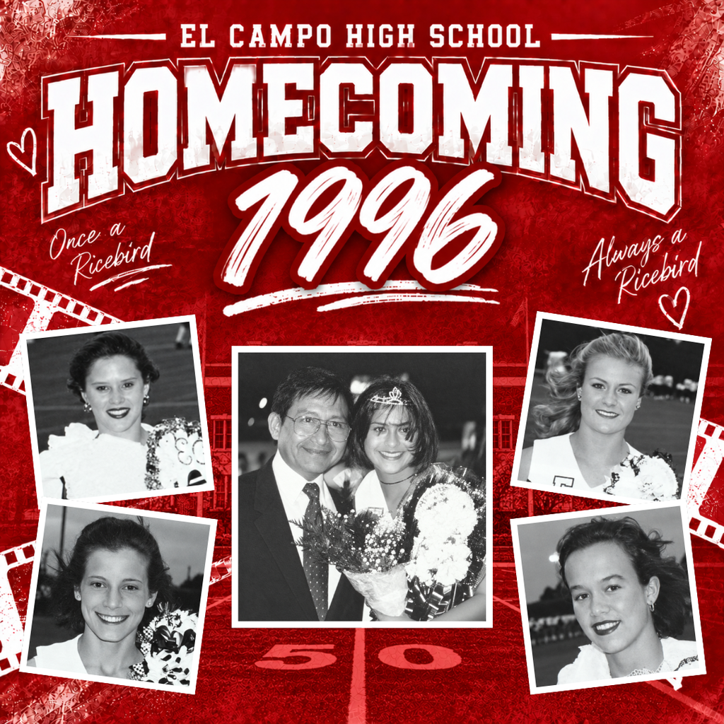 Graphic flyer for El Campo High School Homecoming 1996. Queen Natalie surrounded portraits of her court.