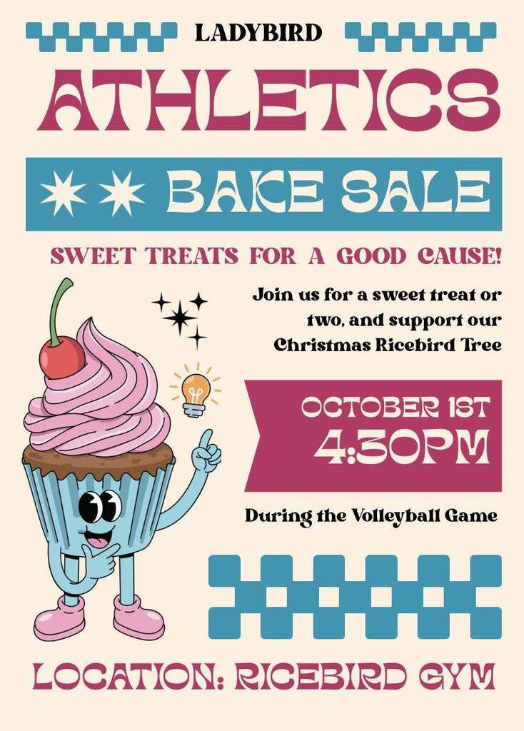 Flyer for the Ladybird Athletics Bake Sale on October 1st at 4:30 PM in the Ricebird Gym, supporting the Christmas Ricebird Tree.