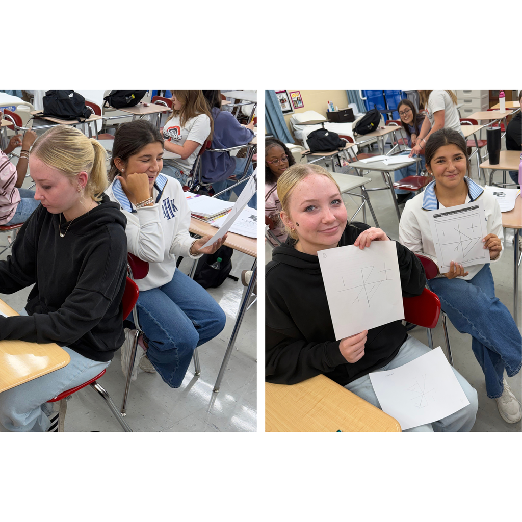 2 images side by side: Two female high school students sit back-to-back in a classroom during a communication activity. Showing finished product, one holds up a sheet of paper showing a drawn grid diagram.